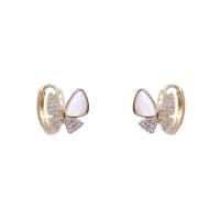 Brass Huggie Hoop Earring, with Acrylic, Butterfly, gold color plated, micro pave cubic zirconia & for woman 