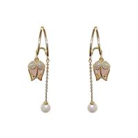 Cubic Zirconia Micro Pave Brass Earring, with Plastic Pearl & Acrylic, Tulip, gold color plated, micro pave cubic zirconia & for woman, 45mm 