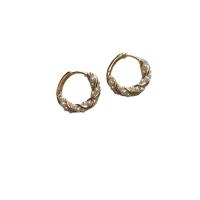 Brass Huggie Hoop Earring, with Plastic Pearl, gold color plated, Korean style & for woman, 12mm 