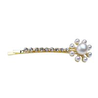 Hair Slide, Freshwater Pearl, with Brass, Flower, gold color plated, for woman, white 