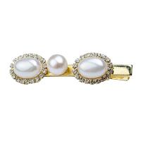 Alligator Hair Clip, Freshwater Pearl, with Brass, Oval, gold color plated, for woman & with rhinestone, white 