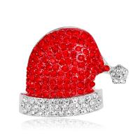 Broche de bijoux de Noël, alliage de zinc, chapeau de noël, Placage de couleur argentée, bijoux de mode & unisexe & avec strass, rouge Vendu par PC