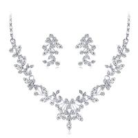 Rhinestone Zinc Alloy Jewelry Set, earring & necklace, with 5cm extender chain, Leaf, silver color plated, three pieces & fashion jewelry & for woman & with rhinestone, silver color  cm 