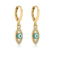 Evil Eye Earrings, Brass, gold color plated, evil eye pattern & micro pave cubic zirconia & for woman & enamel 