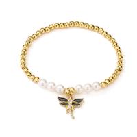 Plastic Pearl Bracelets, Brass, with Plastic Pearl, Dragonfly, gold color plated, micro pave cubic zirconia & for woman & enamel 170mm 