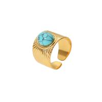 304 Stainless Steel Cuff Finger Ring, with turquoise, Round, 18K gold plated, Adjustable & fashion jewelry & for woman, gold, 14mm 