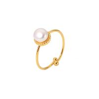 Cultured Freshwater Pearl Finger Ring, 304 Stainless Steel, with Freshwater Pearl, Round, 18K gold plated, Adjustable & fashion jewelry & for woman, gold, 9mm 