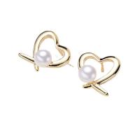 Boucle d'oreille de perles d'eau douce , perle d'eau douce cultivée, avec Argent sterling 925, coeur, Placage de couleur d'or, pour femme, blanc, 5-6mm, Vendu par paire
