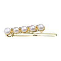 Hair Clip, Freshwater Pearl, with Brass, gold color plated, for woman & with rhinestone, white 