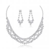 Brass Jewelry Set, earring & necklace, with 13cm extender chain, platinum color plated, three pieces & fashion jewelry & for woman & with rhinestone, silver color, 17mm cm 