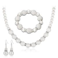 Plastic Pearl Jewelry Set, bracelet & earring & necklace, Round, 4 pieces & fashion jewelry & for woman & with rhinestone, white 