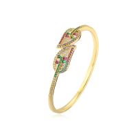 Brass Cuff Bangle, Leaf, gold color plated, Adjustable & micro pave cubic zirconia & for woman, multi-colored, 60mm 