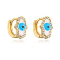 Brass Huggie Hoop Earring, Evil Eye Hamsa, gold color plated, micro pave cubic zirconia & for woman & enamel 