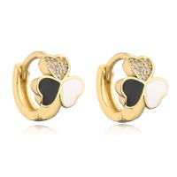 Brass Huggie Hoop Earring, Three Leaf Clover, gold color plated & micro pave cubic zirconia & for woman & enamel 