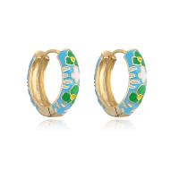Brass Huggie Hoop Earring, gold color plated, with flower pattern & for woman & enamel 