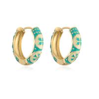 Brass Huggie Hoop Earring, gold color plated, with flower pattern & for woman & enamel 