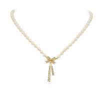 Plastic Pearl Necklace, Zinc Alloy, with Plastic Pearl, with 2.75inch extender chain, Bowknot, gold color plated, for woman & with rhinestone Approx 14.5 Inch 