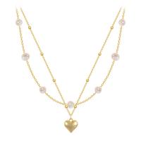 Freshwater Pearl Brass Necklace, with Freshwater Pearl & Plastic Pearl, with 2.75inch extender chain, Heart, gold color plated, Double Layer & for woman Approx 15 Inch 