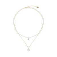 Plastic Pearl Necklace, Brass, with Plastic Pearl & Acrylic, with 1.96inch extender chain, Heart, gold color plated, Double Layer & micro pave cubic zirconia & for woman Approx 15.3 Inch, Approx  17.1 Inch 