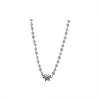 Plastic Pearl Necklace, with Crystal & Zinc Alloy, with 2.36inch extender chain, Butterfly, silver color plated, Korean style & for woman, 15mm Approx 16.3 Inch 