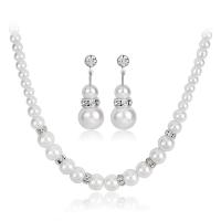 Plastic Pearl Jewelry Set, Round, three pieces & fashion jewelry & for woman & with rhinestone, white cm 