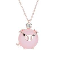 Cubic Zircon Micro Pave Sterling Silver Necklace, 925 Sterling Silver, with Rose Quartz, with 1.96 inch extender chain, Pig, plated, micro pave cubic zirconia & for woman Approx 15.94 Inch 