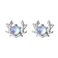 Sterling Silver Stud Earring, 925 Sterling Silver, with Moonstone, Antlers, for woman, silver color 