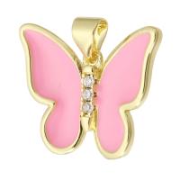 Cubic Zirconia Micro Pave Brass Pendant, Butterfly, gold color plated, fashion jewelry & DIY & micro pave cubic zirconia & enamel, pink 