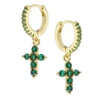 Huggie Hoop Drop Earring, Brass, Cross, gold color plated, fashion jewelry & micro pave cubic zirconia & for woman, green, 27mm 