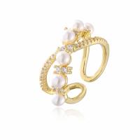 Cubic Zirconia Micro Pave Brass Finger Ring, gold color plated, Adjustable & micro pave cubic zirconia & for woman & with plastic pearl 