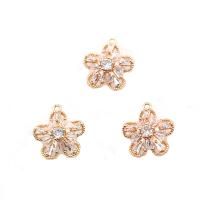 Cubic Zirconia Micro Pave Brass Pendant, Flower, high quality gold color plated, micro pave cubic zirconia & hollow, 14.7mm 