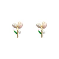 Enamel Zinc Alloy Stud Earring, with ABS Plastic Pearl, Flower, high quality plated, fashion jewelry & for woman, multi-colored 
