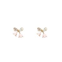 Zinc Alloy Rhinestone Stud Earring, Bowknot, high quality plated, fashion jewelry & for woman & enamel & with rhinestone, pink 