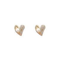 Cubic Zirconia Micro Pave Brass Earring, with ABS Plastic Pearl, Heart, real gold plated, fashion jewelry & micro pave cubic zirconia & for woman, golden 