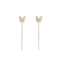 Brass Thread Through Earrings, Butterfly, real gold plated, fashion jewelry & micro pave cubic zirconia & for woman, golden 