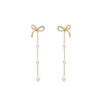 Cubic Zirconia Micro Pave Brass Earring, with ABS Plastic Pearl, Bowknot, real gold plated, fashion jewelry & micro pave cubic zirconia & for woman, golden 