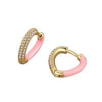 Brass Huggie Hoop Earring, Heart, gold color plated, micro pave cubic zirconia & for woman & enamel 