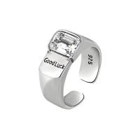 Brass Cuff Finger Ring, with Cubic Zirconia, Square, silver color plated, for woman, 9.35mm, US Ring .5 