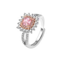 Rhinestone Brass Finger Ring, Square, platinum plated, for woman & with rhinestone, pink, 12.8mm 