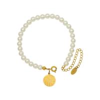 Plastic Pearl Bracelets, Titanium Steel, with Plastic Pearl, with 5cm extender chain, Flat Round, Vacuum Ion Plating, for woman, golden, 12mm Approx 16 cm 
