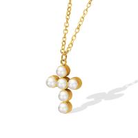 Titanium Steel Jewelry Necklace, with Plastic Pearl, with 5cm extender chain, Cross, Vacuum Ion Plating, for woman, golden Approx 40 cm 