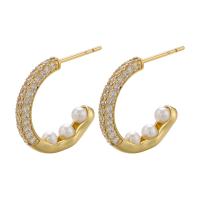 Cubic Zirconia Micro Pave Brass Earring, plated, micro pave cubic zirconia & for woman & with plastic pearl 19mm 