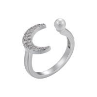 Brass Cuff Finger Ring, plated, Adjustable & micro pave cubic zirconia & for woman & with plastic pearl 