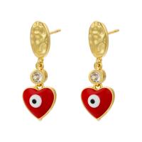 Evil Eye Earrings, Brass, gold color plated, evil eye pattern & micro pave cubic zirconia & for woman & enamel 