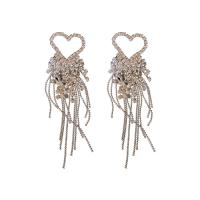 Fashion Fringe Earrings, Brass, with Seedbead, Heart, plated, for woman & with rhinestone 