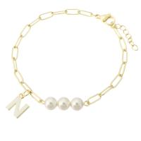 Enamel Brass Bracelets, with Shell Pearl, gold color plated, for woman Approx 8 Inch 