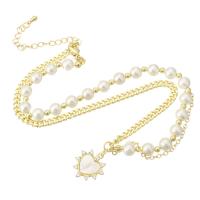 Ожерелье, Латунь, с Shell Pearl & Ракушка, плакирован золотом, инкрустированное микро кубического циркония & Женский, длина:Приблизительно 17 дюймовый, продается PC