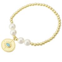 Brass Bracelets, with Shell Pearl & Gemstone, gold color plated, for woman Approx 7 Inch 