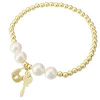 Cubic Zirconia Micro Pave Brass Bracelet, with Shell Pearl, Lock and Key, gold color plated, micro pave cubic zirconia & for woman Approx 7 Inch 