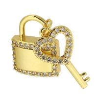 Cubic Zirconia Micro Pave Brass Pendant, Lock and Key, gold color plated, fashion jewelry & DIY & micro pave cubic zirconia, golden Approx 2mm 